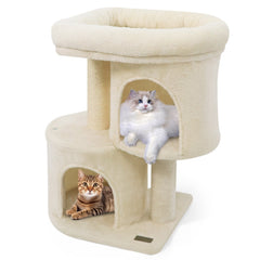 26 Inch Cat Tower with Large Padded Perch Bed and Two Condos, Sisal Post, Beige