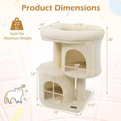 26 Inch Cat Tower with Large Padded Perch Bed and Two Condos, Sisal Post, Beige