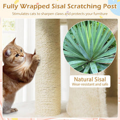 26 Inch Cat Tower with Large Padded Perch Bed and Two Condos, Sisal Post, Beige