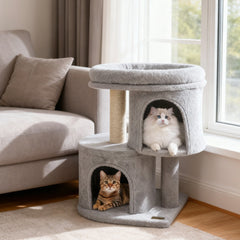 26 Inch Light Gray Cat Tower, Two Condos, Sisal Post and 17.5 Inch Padded Perch