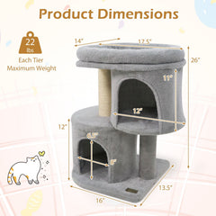 26 Inch Light Gray Cat Tower, Two Condos, Sisal Post and 17.5 Inch Padded Perch