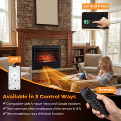 26 Inch WiFi Infrared Quartz Electric Fireplace Insert Logs Heater with Realistic Pinewood Logs-Black
