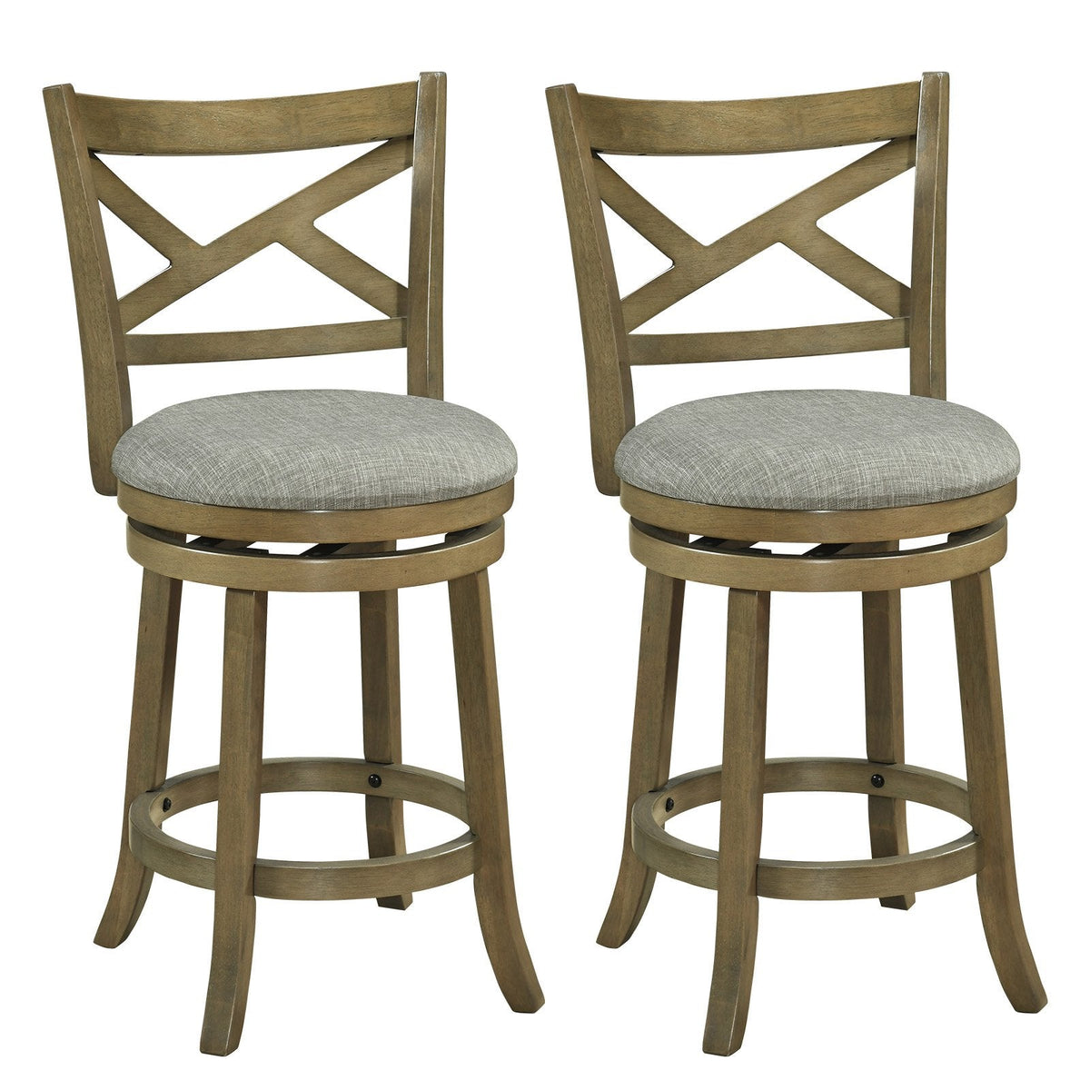 Set of 2 Swivel Counter Stools with Cross Back and Grey Linen Seat, 25 Inch Seat on the Drawing