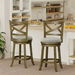 Set of 2 Swivel Counter Stools with Cross Back and Grey Linen Seat, 25 Inch Seat on the Drawing