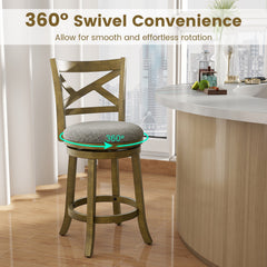 Set of 2 Swivel Counter Stools with Cross Back and Grey Linen Seat, 25 Inch Seat on the Drawing
