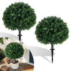 27 inches Artificial Boxwood Topiary Trees Set of 2 with Ground Spikes for Porch Patio