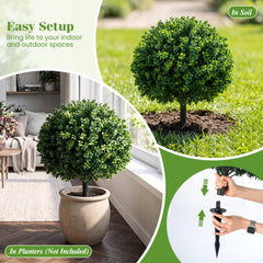 27 inches Artificial Boxwood Topiary Trees Set of 2 with Ground Spikes for Porch Patio