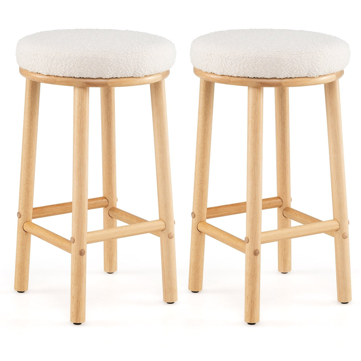 Set of 2 Backless Boucle Counter Stools with Pale Wood Legs, 27 Inch Seat Height, White
