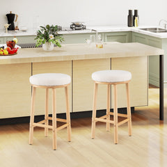Set of 2 Backless Boucle Counter Stools with Pale Wood Legs, 27 Inch Seat Height, White