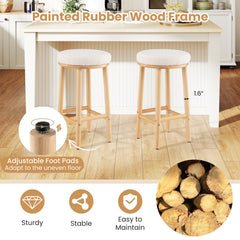 Set of 2 Backless Boucle Counter Stools with Pale Wood Legs, 27 Inch Seat Height, White