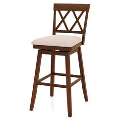 Swivel Bar Stool with X Back and Linen Seat, Walnut Rubber Wood, 29 Inch Seat Height