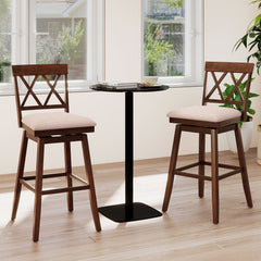 Swivel Bar Stool with X Back and Linen Seat, Walnut Rubber Wood, 29 Inch Seat Height