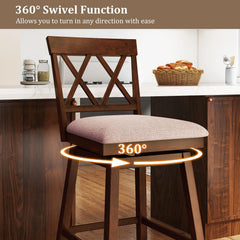 Swivel Bar Stool with X Back and Linen Seat, Walnut Rubber Wood, 29 Inch Seat Height