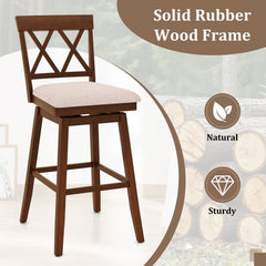 Swivel Bar Stool with X Back and Linen Seat, Walnut Rubber Wood, 29 Inch Seat Height