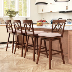 Swivel Bar Stool with X Back and Linen Seat, Walnut Rubber Wood, 29 Inch Seat Height