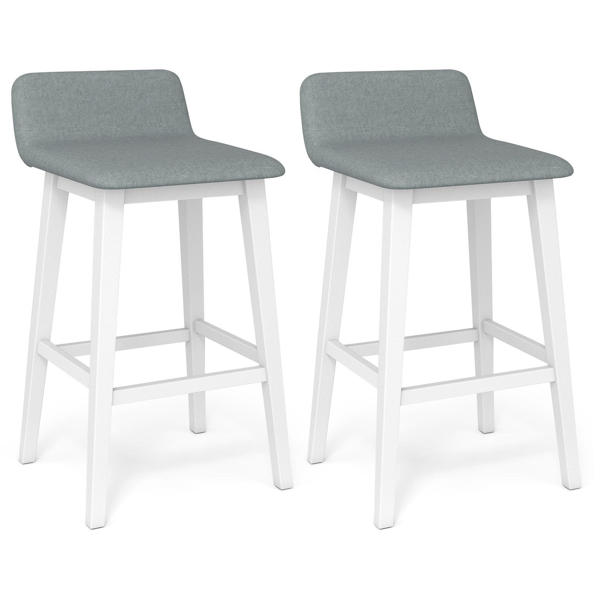 Set of 2 Low Back Bar Stools in Grey Faux Linen with White Legs, 29 Inch Seat Height
