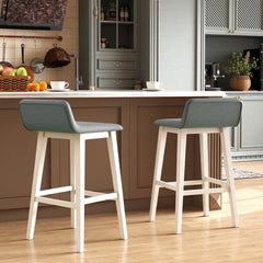 Set of 2 Low Back Bar Stools in Grey Faux Linen with White Legs, 29 Inch Seat Height