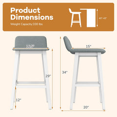 Set of 2 Low Back Bar Stools in Grey Faux Linen with White Legs, 29 Inch Seat Height