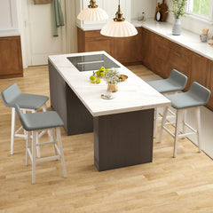 Set of 2 Low Back Bar Stools in Grey Faux Linen with White Legs, 29 Inch Seat Height