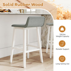 Set of 2 Low Back Bar Stools in Grey Faux Linen with White Legs, 29 Inch Seat Height