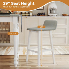 Set of 2 Low Back Bar Stools in Grey Faux Linen with White Legs, 29 Inch Seat Height