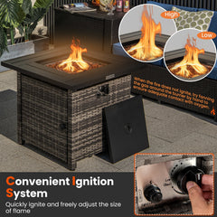 29 Inch Propane Rattan Firepit Table with Lava Rocks and Protective Cover-Gray
