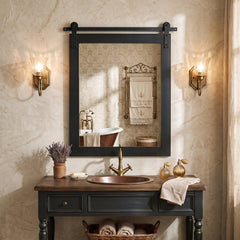 29 inches x 23 inches Rectangle Farmhouse Wall Mirror with Metal Bracket for Bathroom-Black