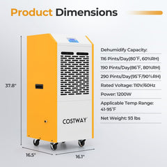 290 Pint Commercial Dehumidifier with Built-in Pump, 9000 Sq Ft, 350 CFM, 55 dB, Yellow and White