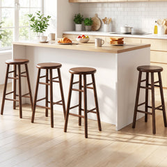 Set of 2 Swivel Bar Stools in Walnut Rubber Wood with Crossbars, 29 Inch Seat Height