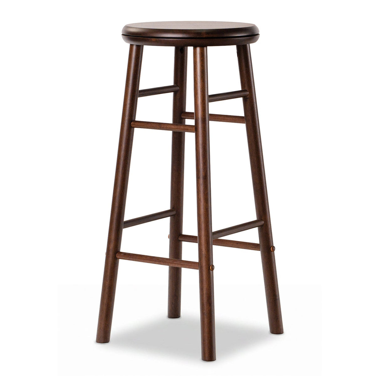 Set of 2 Swivel Bar Stools in Walnut Rubber Wood with Crossbars, 29 Inch Seat Height