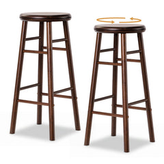 Set of 2 Swivel Bar Stools in Walnut Rubber Wood with Crossbars, 29 Inch Seat Height