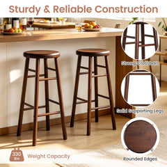Set of 2 Swivel Bar Stools in Walnut Rubber Wood with Crossbars, 29 Inch Seat Height