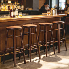 Set of 2 Swivel Bar Stools in Walnut Rubber Wood with Crossbars, 29 Inch Seat Height