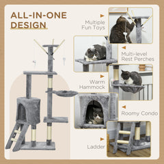53" Cat Tree Tower, Kitten Activity Centre with Scratching Posts, Condo, Perches, Ladder, Hammock, Dangling Toys, Grey