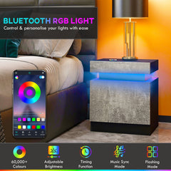 Nightstand, Bedside Table with LED Lights and 2 Drawers for Bedroom, Living Room, Cement Grey