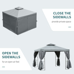 10' x 10' Patio Gazebo Outdoor, Canopy Shelter with Double-tier Roof, Pavilion Sidewalls for Garden Events, Brown