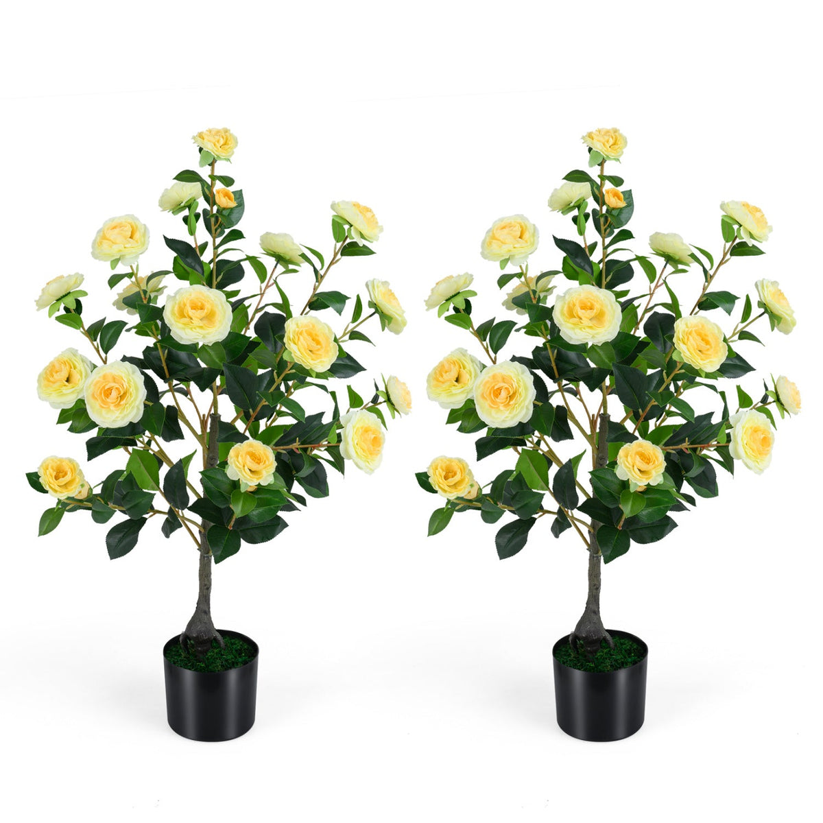 2-Pack Artificial Camellia Tree Faux Flower Plant in Cement-Filled Pot-Yellow