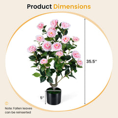 2-Pack Artificial Camellia Tree Faux Flower Plant in Cement-Filled Pot-Pink