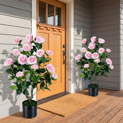 2-Pack Artificial Camellia Tree Faux Flower Plant in Cement-Filled Pot-Pink
