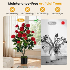 2-Pack Artificial Camellia Tree Faux Flower Plant in Cement-Filled Pot-Red