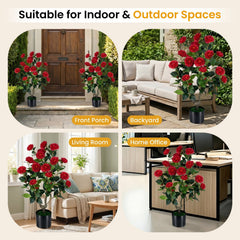 2-Pack Artificial Camellia Tree Faux Flower Plant in Cement-Filled Pot-Red