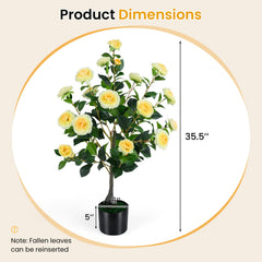 2-Pack Artificial Camellia Tree Faux Flower Plant in Cement-Filled Pot-Yellow