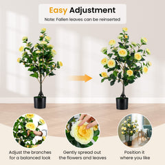 2-Pack Artificial Camellia Tree Faux Flower Plant in Cement-Filled Pot-Yellow