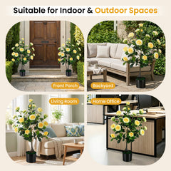 2-Pack Artificial Camellia Tree Faux Flower Plant in Cement-Filled Pot-Yellow