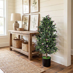 2 Pack Artificial Topiary Cone Tree Faux Potted Shrub Plant with 49 Flowers-purple