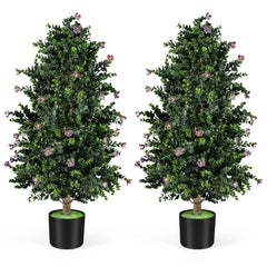2 Pack Artificial Topiary Cone Tree Faux Potted Shrub Plant with 49 Flowers-purple