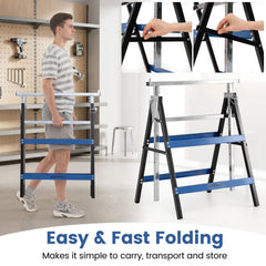 2 Pack Heavy Duty Metal Folding Saw Horses with Adjustable Height- Blue