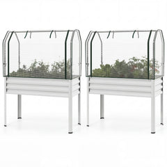 2 Pieces Galvanized Raised Garden Bed with Legs and Greenhouse Cover for Vegetable Flower-Silver