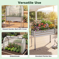 2 Pieces Galvanized Raised Garden Bed with Legs and Greenhouse Cover for Vegetable Flower-Silver