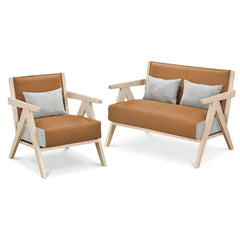 2 Piece Living Room Set, 43 in Faux Leather Loveseat and Armchair on Rubber Wood Frames, Caramel Brown